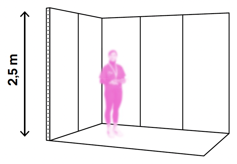 Drawing of the start-up booth: two walls, 2.5 metres high, with a person for scale